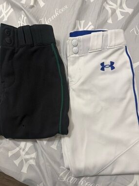 Under Armour Kids White Baseball Shorts with Blue Logo and Black Pair